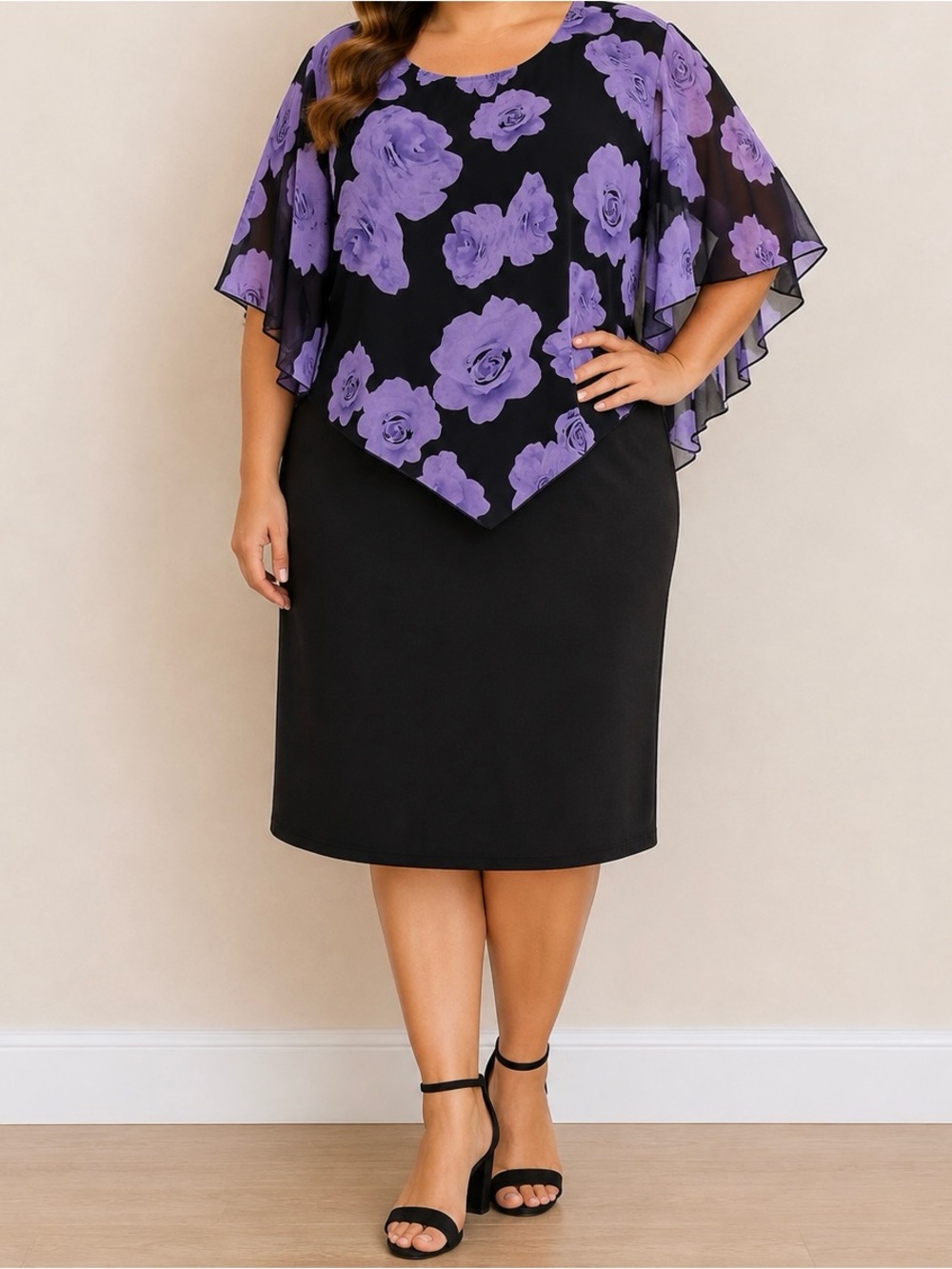 Floral Overlay Dress Black & Purple